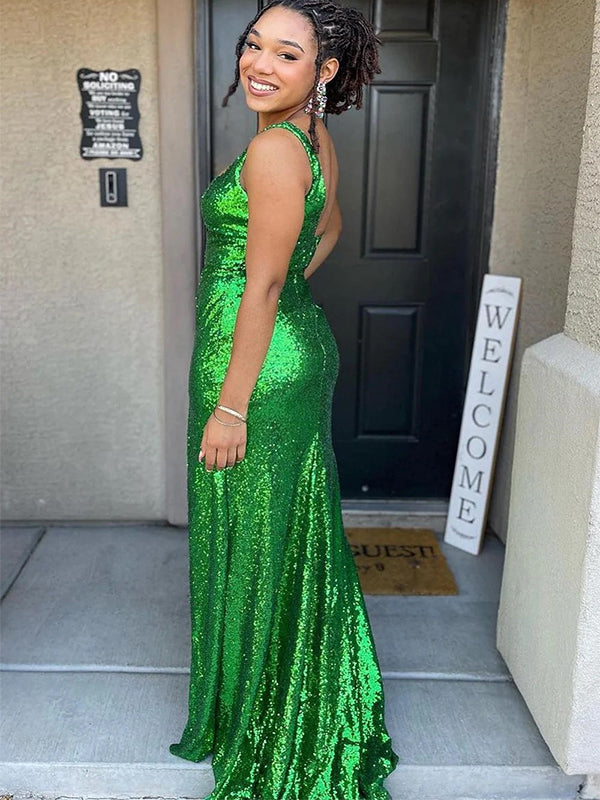 Glowing Green Square Mermaid Side Slit Long Sleeveless Long Party Prom Dresses,Evening Dress Online, WGP779