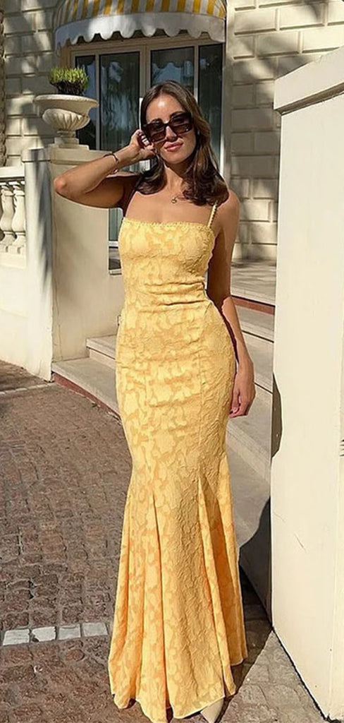 Pretty Yellow Jacquard Mermaid Prom Dress Elegant Square Neck Sleeveless Gown,WGP2158