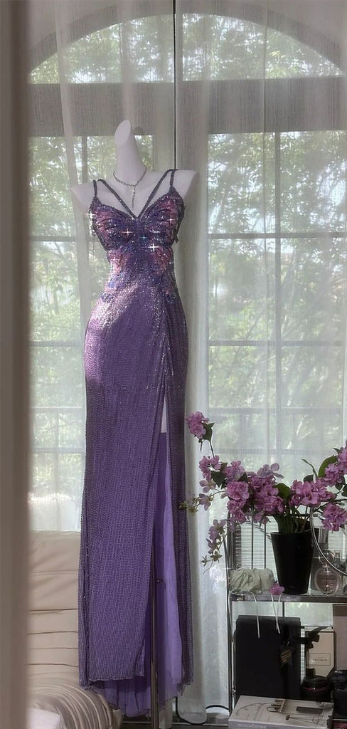 Shiny Purple Spaghetti Strap Sleeveless Mermaid Long Prom Dress Ideas, Evening Party Dresses, WGP1903
