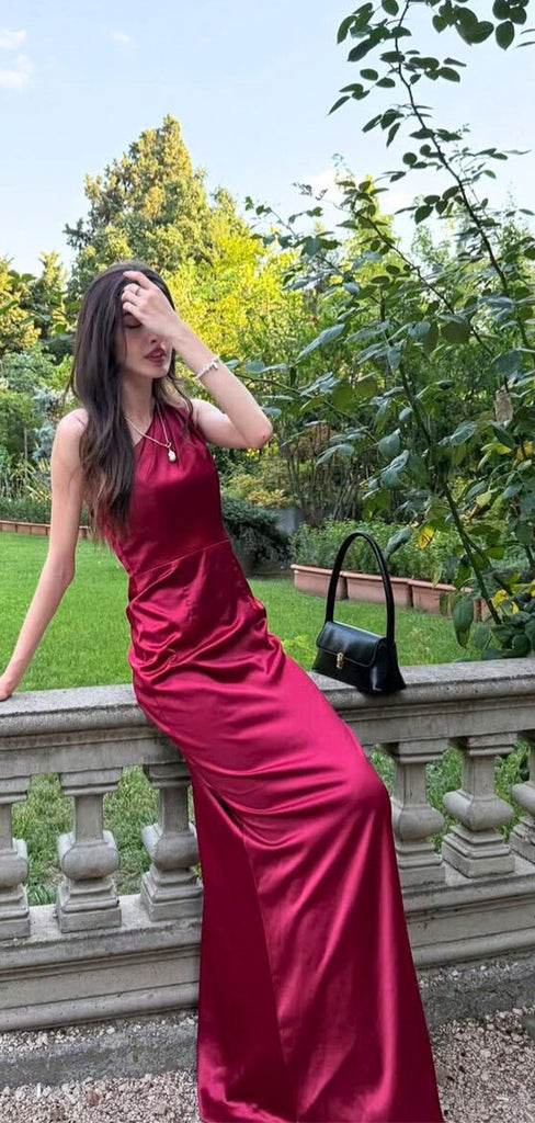 Elegant Silk Satin One Shoulder Prom Dress Sleeveless Slim Fit Floor Length Evening Gown,WGP2058