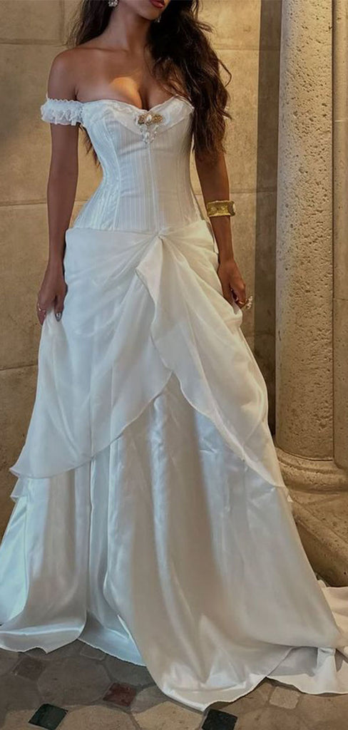 Elegant White Off-Shoulder A-Line Long Prom Dress Ideas, Evening Party Dresses,WGP1796