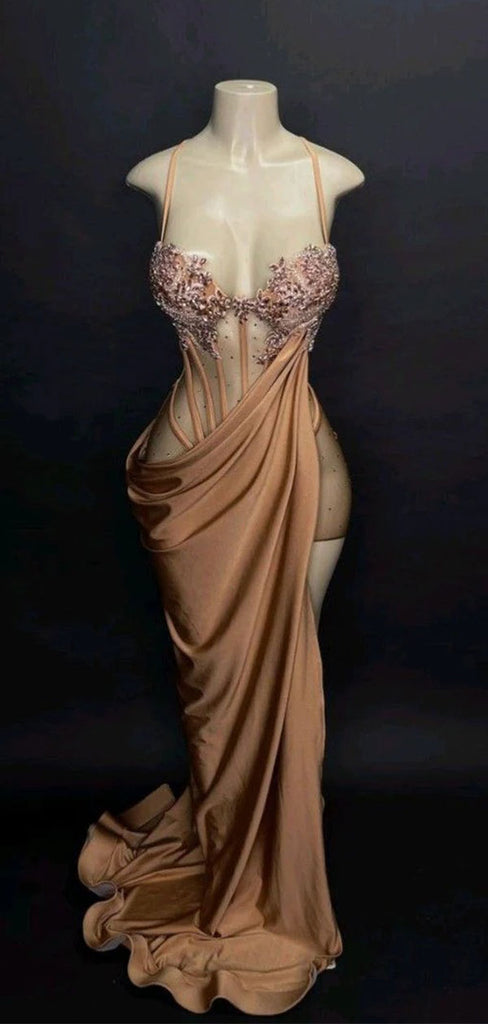 Sexy Glod Spaghetti Strap Mermaid Long Prom Dress Ideas, Evening Party Dresses,WGP1670