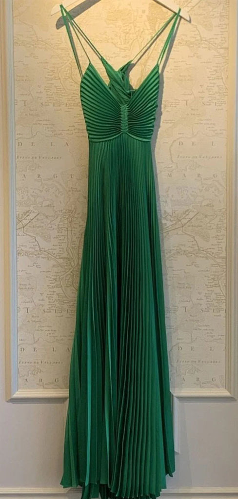 Elegant Green Spaghetti Strap A-Line Long Prom Dress Ideas, Evening Party Dresses,WGP1614