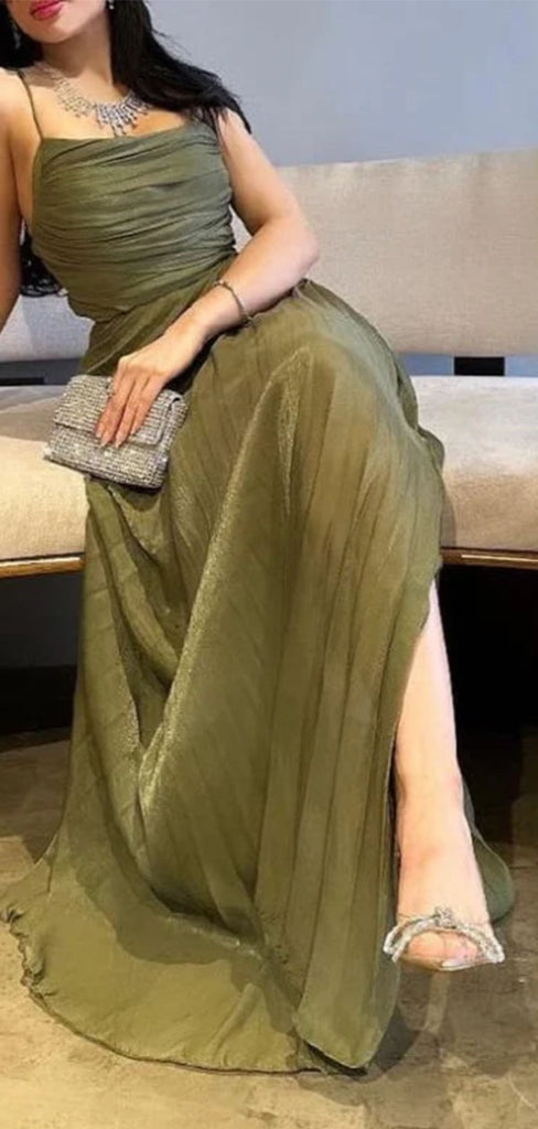 Elegant Green Spaghetti Strap A-Line Long Prom Dress Ideas, Evening Party Dresses,WGP1710