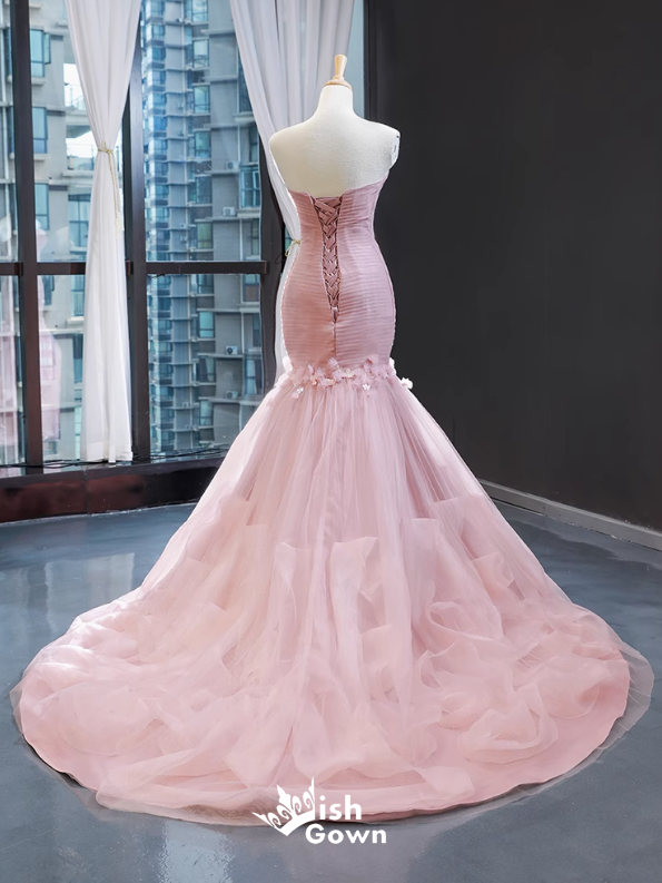 Elegant Pink Floral Strapless Sweetheart Mermaid Lace up Back Party Dress Long Prom Dresses to Impress, WGP947