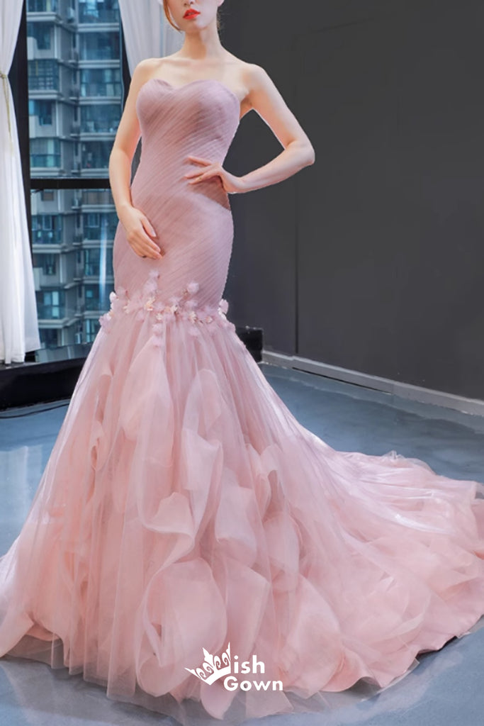 Elegant Pink Floral Strapless Sweetheart Mermaid Lace up Back Party Dress Long Prom Dresses to Impress, WGP947