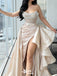 Fancy Pearl Beaded Corset Prom Dress Strapless High Slit Satin Ruched Drape Ball Gown,WGP2075