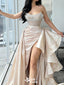 Fancy Pearl Beaded Corset Prom Dress Strapless High Slit Satin Ruched Drape Ball Gown,WGP2075