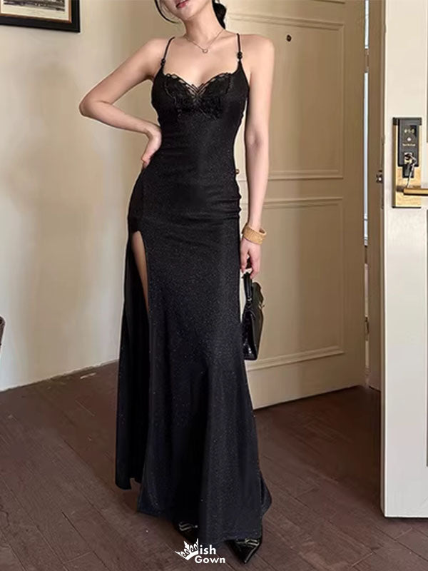 Sexy Black Spaghetti Strap Mermaid Side Slit Lace Long Prom Dress Ideas, Evening Party Dresses  , WGP1577