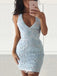 Elegant Blue V-Neck Sheath Lace sleeveless Popular Cheap Short Homecoming Dresses, EPT196