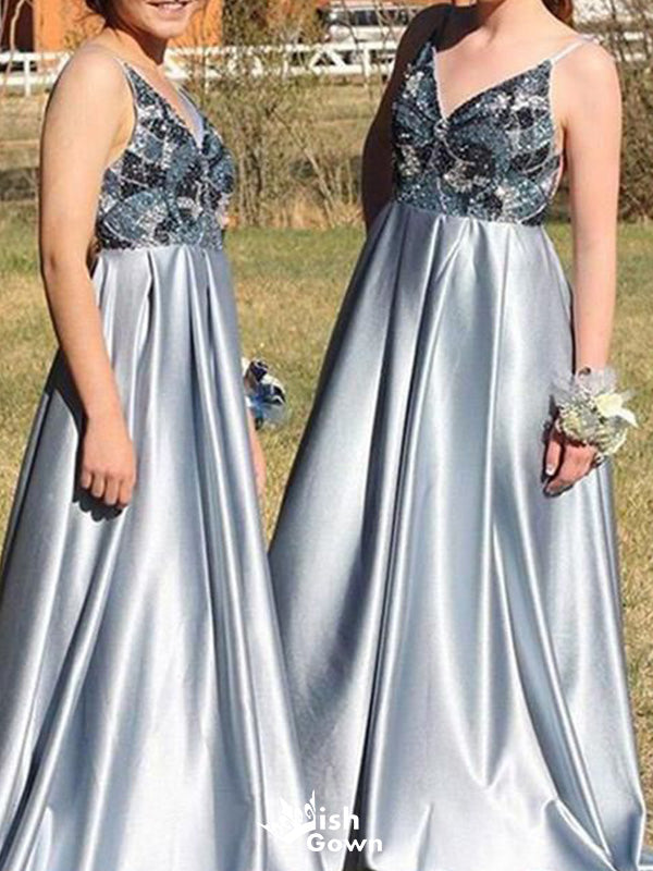 Elegant Spaghetti Strap V-neck A-line Long Prom Dress Ideas, Evening Party Dresses,WGP1754
