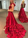 Sexy Red A-Line V-neck Side Slit Popular Long Evening Dresses with Trailing, Formal Dresses, Birthday Party, WGP568