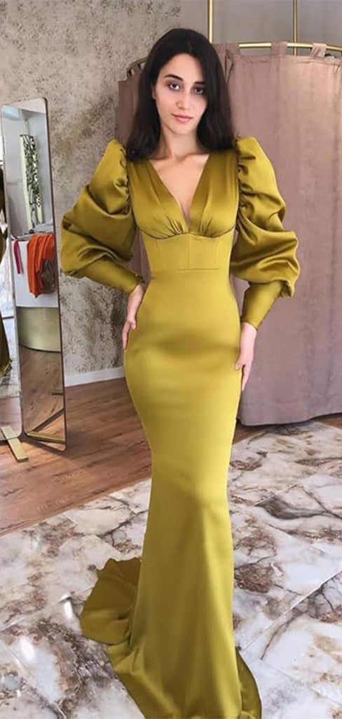 Elegant Green V-Neck Mermaid Long Sleeve Party Prom Dresses,Evening Dress Online, WGP805