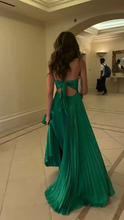 Elegant Green Spaghetti Strap A-Line Long Prom Dress Ideas, Evening Party Dresses,WGP1614