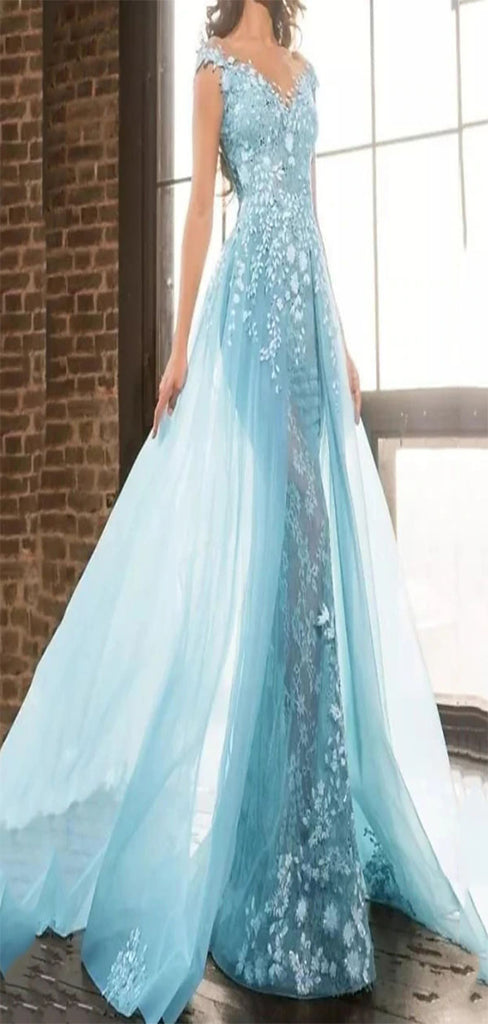 Elegant Blue Mermaid V-Neck Off Shoulder Lace Appliques Long Formal Prom Dresses,Evening Gowns,WGP329