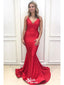 Sexy Red Mermaid Spaghetti Straps V Neck Long Prom Dresses PG1161