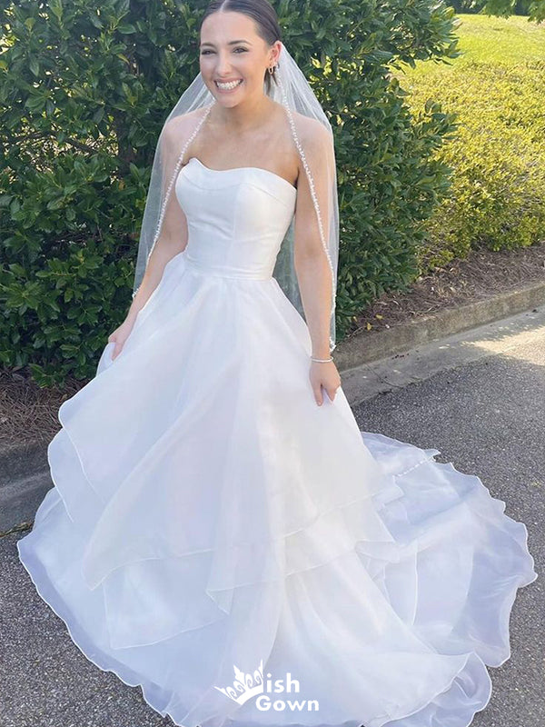 Elegant White Strapless Sleeveless With Train Popular Bridal Long Wedding Dresses, WDH119