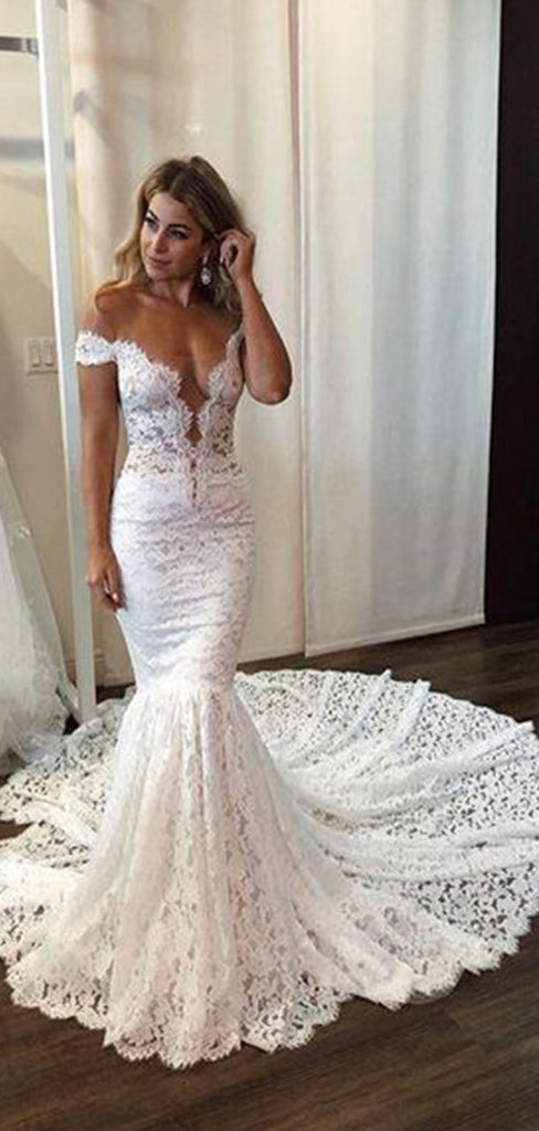 Sexy Mermaid Off Shoulder V Neck Sleeveless With Trailing Applique Popular Bridal Long Wedding Dresses, WDH126