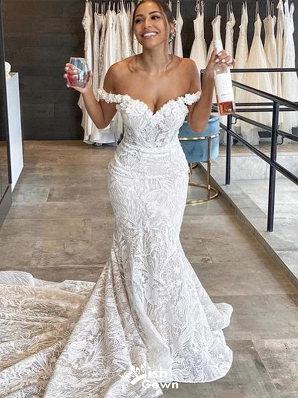 Sexy Mermaid Off Shoulder V Neck Sleeveless With Trailing Applique Popular Bridal Long Wedding Dresses, WDH127