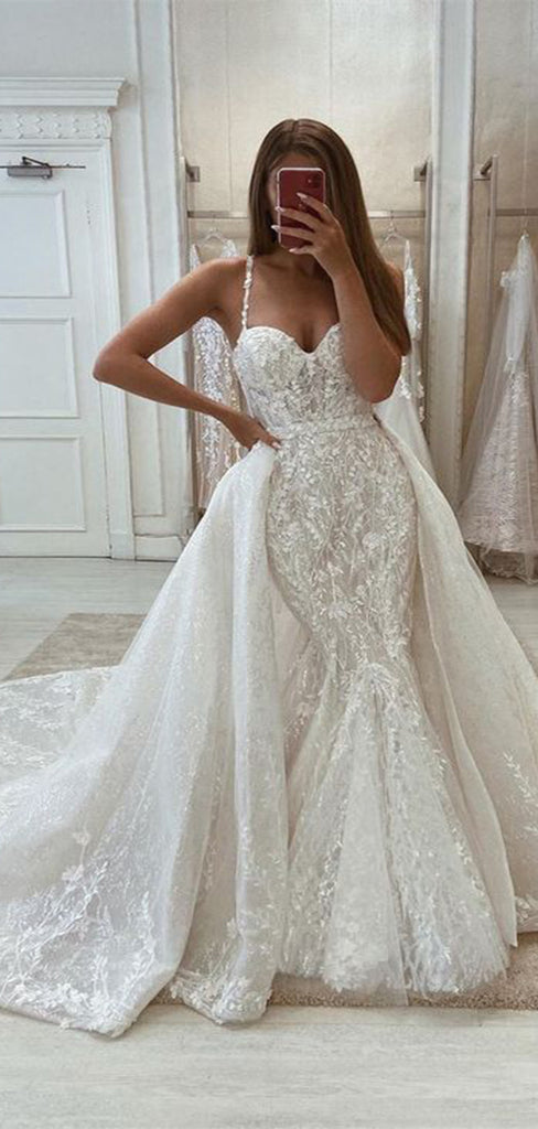 Romantic Mermaid Spaghetti Straps Sweetheart Sleeveless With Trailing Lace Popular Bridal Long Wedding Dresses, WDH136