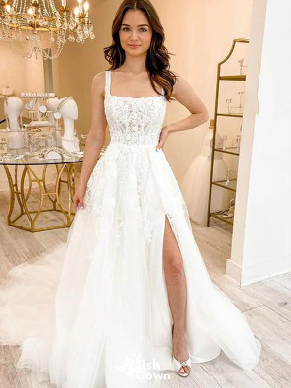 Charming Spaghetti Straps Square Sleeveless Side Slit With Trailing Lace Popular Bridal Long Wedding Dresses, WDH137