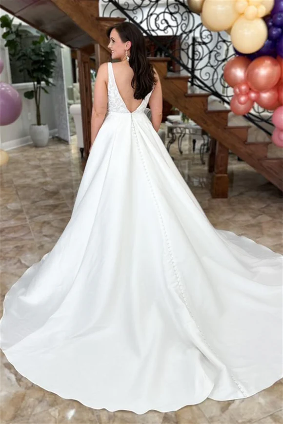 Charming Spaghetti Straps V Neck Sleeveless With Trailing Applique Popular Bridal Long Wedding Dresses, WDH141