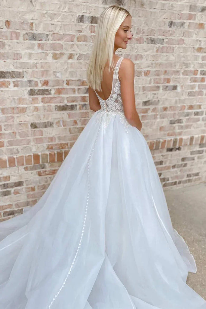 Romantic Spaghetti Straps V Neck Sleeveless With Trailing Applique Popular Bridal Long Wedding Dresses, WDH142