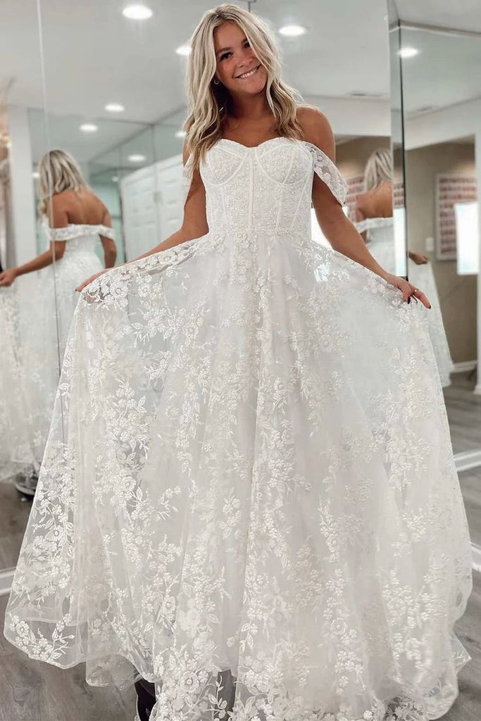 Sexy Sweetheart Off Shoulder Sleeveless Lace Popular Bridal Long Wedding Dresses, WDH143