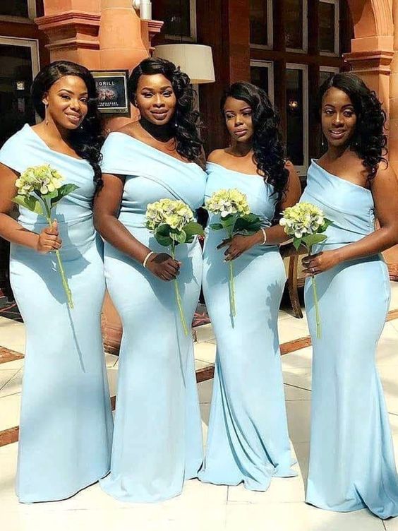 Elegant Blue Mermaid One Shoulder Sleeveless Popular Cheap Maxi Long Wedding Guest Bridesmaid Dresses,WGM297