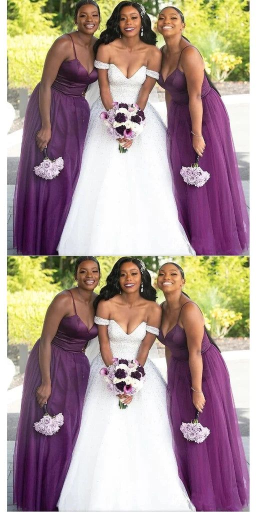 Sexy Purple A-Line Spaghetti Straps Sleeveless Popular Cheap Maxi Long Wedding Guest Bridesmaid Dresses,WGM304