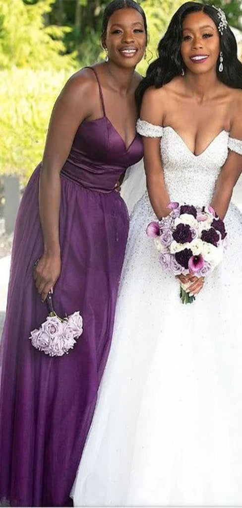 Sexy Purple A-Line Spaghetti Straps Sleeveless Popular Cheap Maxi Long Wedding Guest Bridesmaid Dresses,WGM304