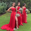 Sexy Red Spaghetti Straps Sleeveless Side Slit Popular Cheap Maxi Long Wedding Guest Bridesmaid Dresses,WGM335