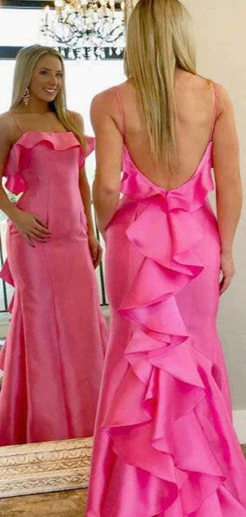 Charming Pink Mermaid Spaghetti Straps Square Backless Ruffle Cheap Maxi Long Party Prom Gowns,Evening Dresses,WGP448