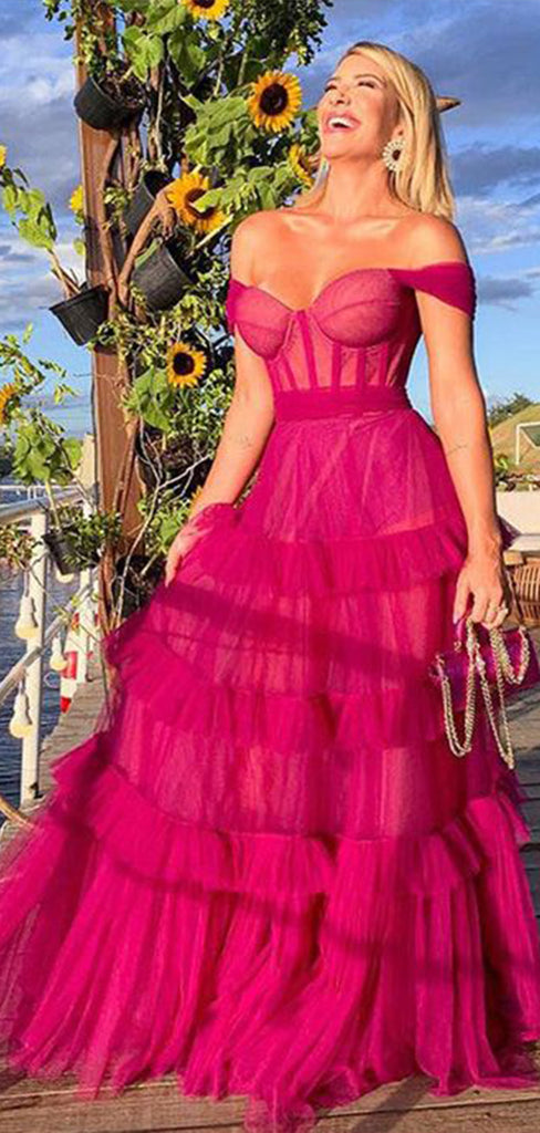 Charming Pink A-Line Sweetheart Off Shoulder Ruffle Cheap Maxi Long Party Prom Gowns,Evening Dresses,WGP449