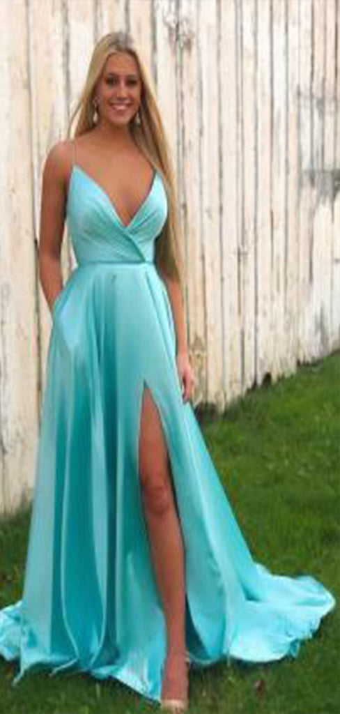 Simple A-Line Spaghetti Straps V Neck Sleeveless Side Slit Cheap Maxi Long Party Prom Gowns,Evening Dresses,WGP453