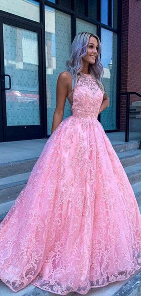 Elegant Pink A-line Jewel Sleeveless Lace Cheap Maxi Long Party Prom Gowns,Evening Dresses,WGP485