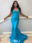 Simple Blue Mermaid Spaghetti Straps V Neck Sleeveless Cheap Maxi Long Party Prom Gowns,Evening Dresses,WGP511