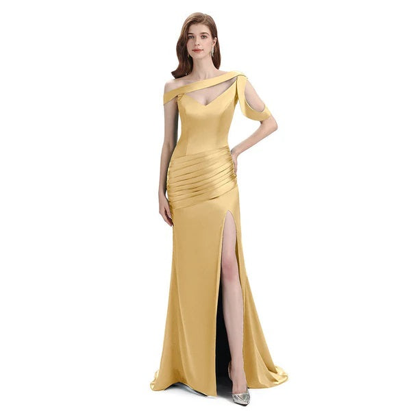 Champagne Mermaid Sexy High Slit Burnt Brown Satin Long Bridesmaid Dresses, WGM012