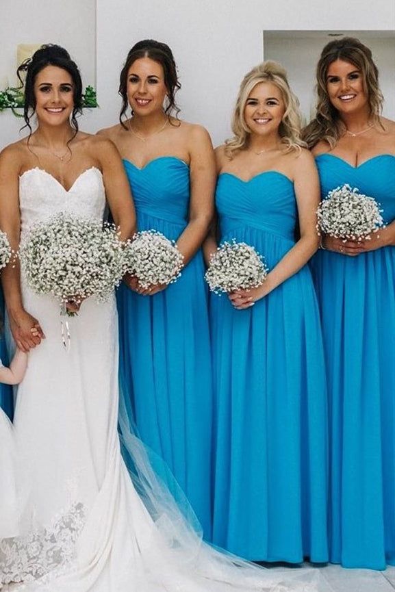 Charming Blue A-Line Strapless Popular Cheap Maxi Long Wedding Guest Bridesmaid Dresses,WGM217