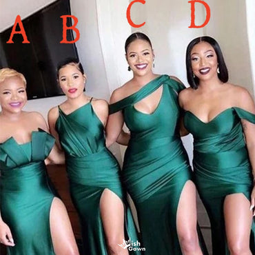 Simple Green Mismatched Sleeveless Mermaid Side Slit Long Bridesmaid Dresses Online , WGM417