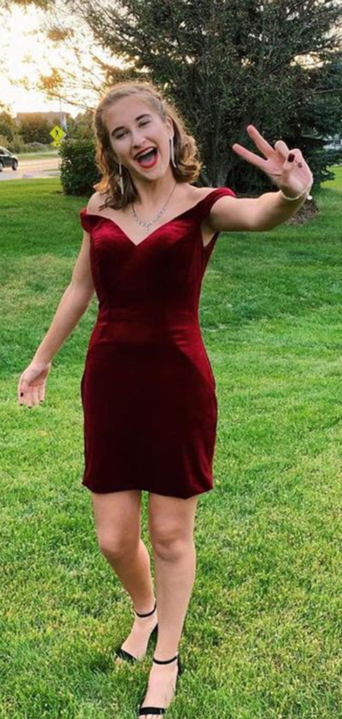 Gorgeous Dark Red Mermaid Off Shoulder V Neck Sleeveless Cheap Short Homecoming Dresses, EPT145