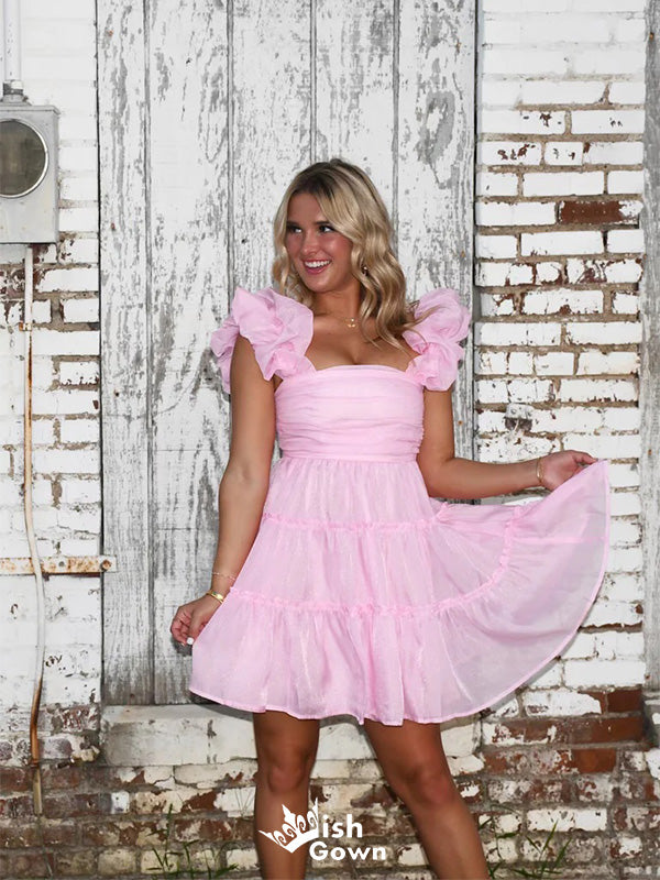 Elegant Pink Straps Square Cheap Short Homecoming Dresses, EPT154