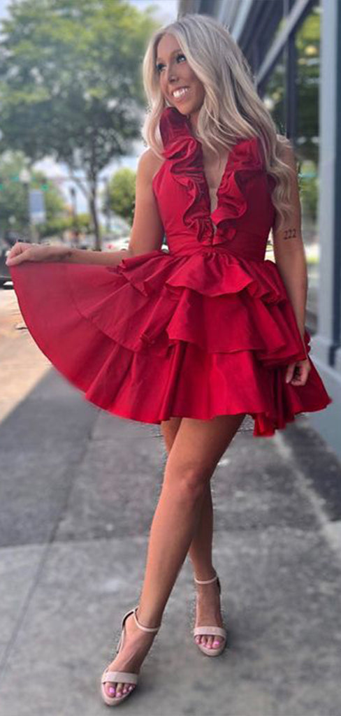 Unique Red Halter Sleeveless Ruffle Cheap Short Homecoming Dresses, EPT160