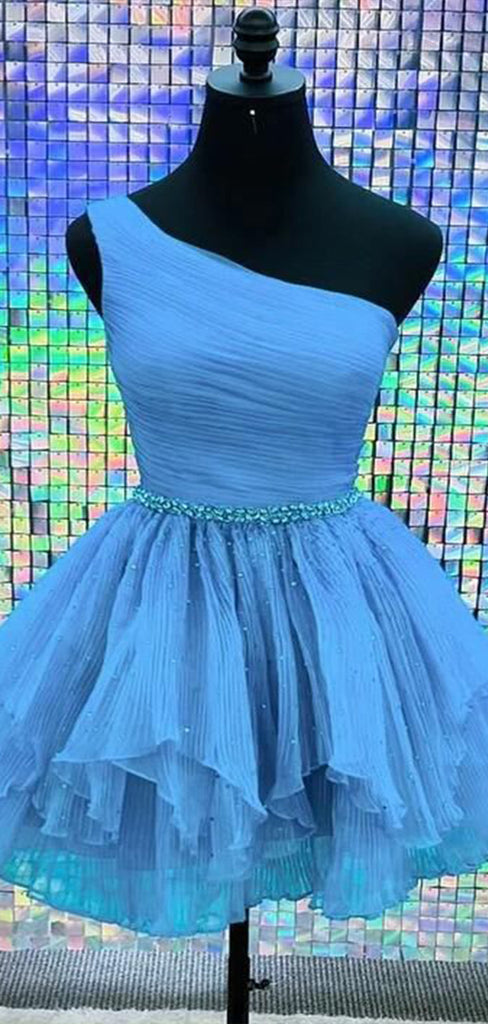 Elegant Blue One Shoulder Sleeveless Beads Cheap Short Homecoming Dresses, EPT165