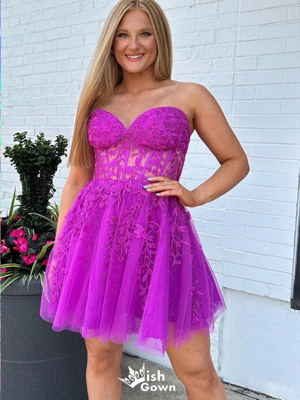 Gorgeous Purple Sweetheart Sleeveless Lace Cheap Short Homecoming Dresses, EPT166