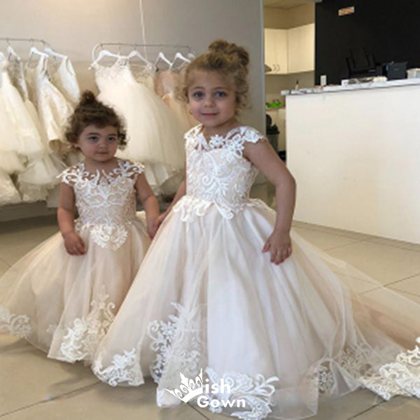 Cute Cap Shoulder Lace Applique Ball Gown Little Long Flower Girl Dresses, Wedding Flower Girl Dresses, FGD024