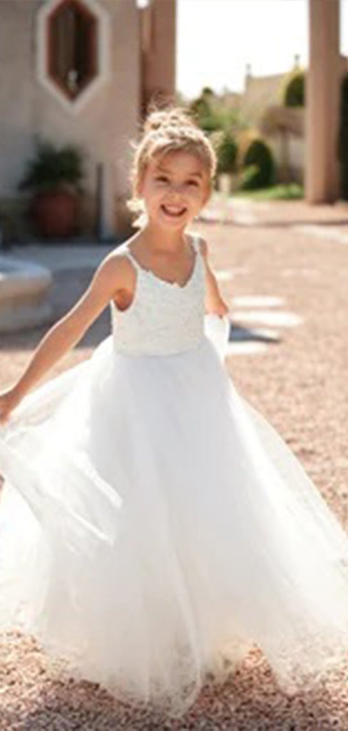 Elegant Tulle Spaghetti Straps Sleeveless Lace Applique Little Long Flower Girl Dresses, Wedding Flower Girl Dresses, FGD030