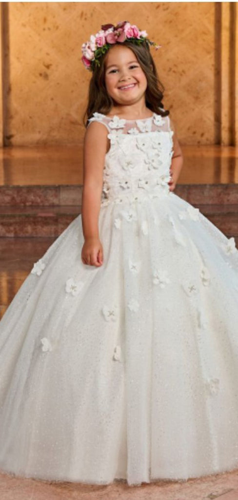 Floral Tulle Round Neck Sleeveless Applique Little Long Flower Girl Dresses, Wedding Flower Girl Dresses, FGD031