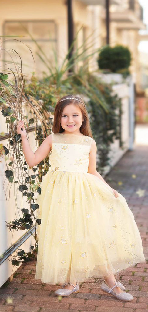 Lovely Light Yellow Round Neck Sleeveless Sequin Little Long Flower Girl Dresses, Wedding Flower Girl Dresses, FGD035