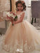 Lovely Champagne Ball Gown Straps Round Neck Sleeveless Applique Little Long Flower Girl Dresses, Wedding Flower Girl Dresses, FGD038